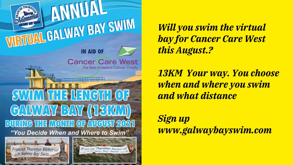 Asking people to swim 13km for the month of August for <a href="/cancercarewest/">cancercarewest</a> . Raise €100 and get a swim cap and tshirt. Register galwaybayswim.com/2021-virtual/
#swimming #health #corporatechallenge