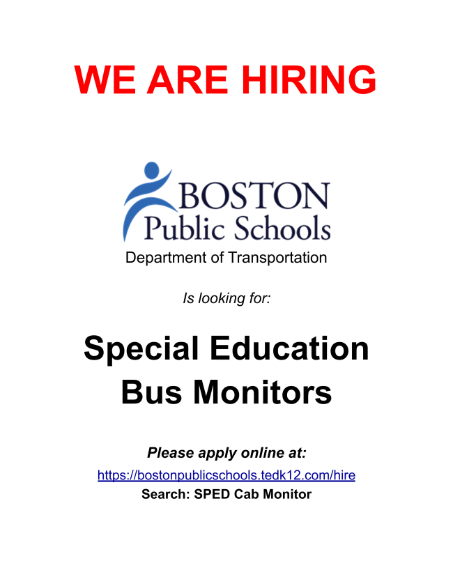 BostonPublicSchools (@bostonschools) on Twitter photo .<a href="/BostonSchools/">BostonPublicSchools</a> is hiring! The BPS Department of Transportation is hiring Special Education Bus Monitors to begin work in Fall 2021. 🚌
You can apply online and search "SPED Cab Monitor" here: bostonpublicschools.tedk12.com/hire/index.aspx .<a href="/BostonSchools/">BostonPublicSchools</a> is hiring! The BPS Department of Transportation is hiring Special Education Bus Monitors to begin work in Fall 2021. 🚌
You can apply online and search "SPED Cab Monitor" here: bostonpublicschools.tedk12.com/hire/index.aspx