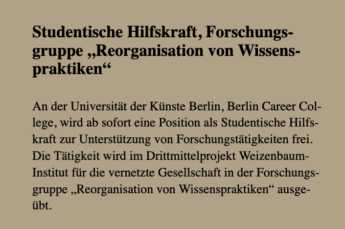 Maximilian Heimstädt (@heimstaedt) on Twitter photo Am <a href="/JWI_Berlin/">Weizenbaum-Institut</a> suchen wir für unsere Forschungsgruppe "Reorganisation von Wissenspraktiken" eine Studentische Hilfskraft. Ab sofort für 20h pro Woche.
Zur Ausschreibung: bit.ly/36W7kWw
Zur Forschungsgruppe: bit.ly/3zreXAf Am <a href="/JWI_Berlin/">Weizenbaum-Institut</a> suchen wir fĂĽr unsere Forschungsgruppe "Reorganisation von Wissenspraktiken" eine Studentische Hilfskraft. Ab sofort fĂĽr 20h pro Woche.
Zur Ausschreibung: bit.ly/36W7kWw
Zur Forschungsgruppe: bit.ly/3zreXAf