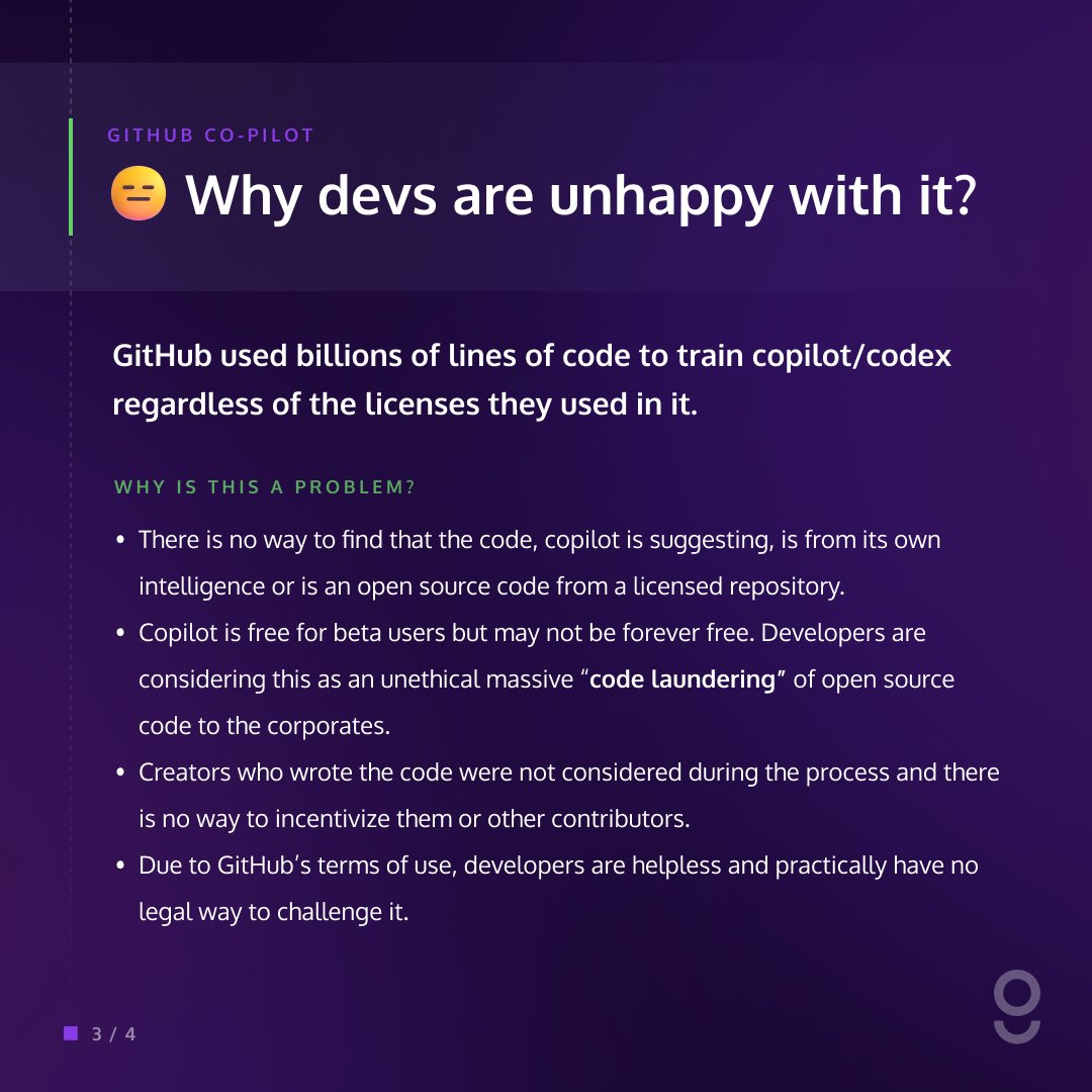 gitopiaDAO's tweet photo. What is Github CoPilot and why it made the #OpenSource community unhappy?

#GitHubCopilot #FactCheck https://t.co/w0dkjgFy7l