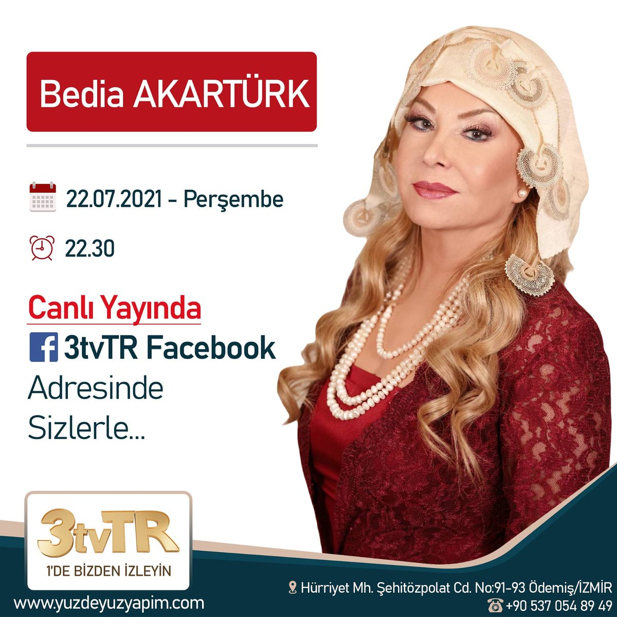 ÖDEMİŞ'in değerlerinden Halk müziğinin duayeni Sn. Bedia AKARTÜRK'le şarkılı türkülü kendi evinin bahçesinden 3tvTR'ye özel gece sohbetinde buluşalım... 
Sorularınız ve istek türküleriniz için sohbetimize iştirakinizi bekleriz efendim...