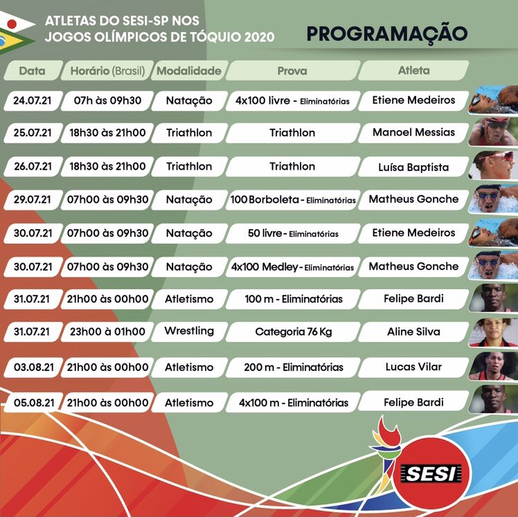 Vamos acompanhar nossos guerreiros nos Jogos Olímpicos de Tóquio! Anota na agenda 🗓 e programa o despertador ⏰ #gosesi #sesiesporte #sesisp #sussusaranasesi #circuitoolimpico #jogosolimpicos #toquio2020 #timebrasil