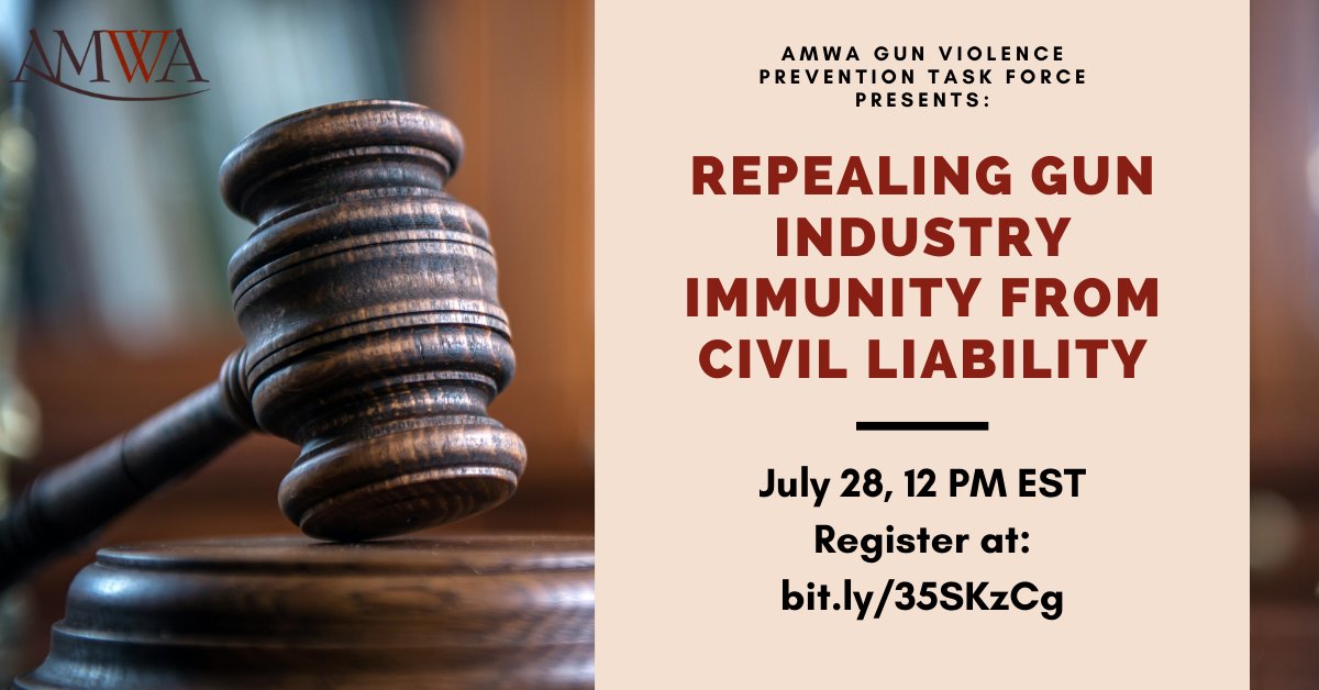 AMWADoctors's tweet photo. Join us July 28, 12 PM EST for Part 2 in our series. 

Josh Horwitz, Executive Director of the Coalition to Stop Gun Violence, will be joining us to discuss current legislation that protects the gun industry from civil liability https://t.co/HjA0ZvyH98

 @AMWAGVTF @ninaagrawalmd https://t.co/z52tluwZEG