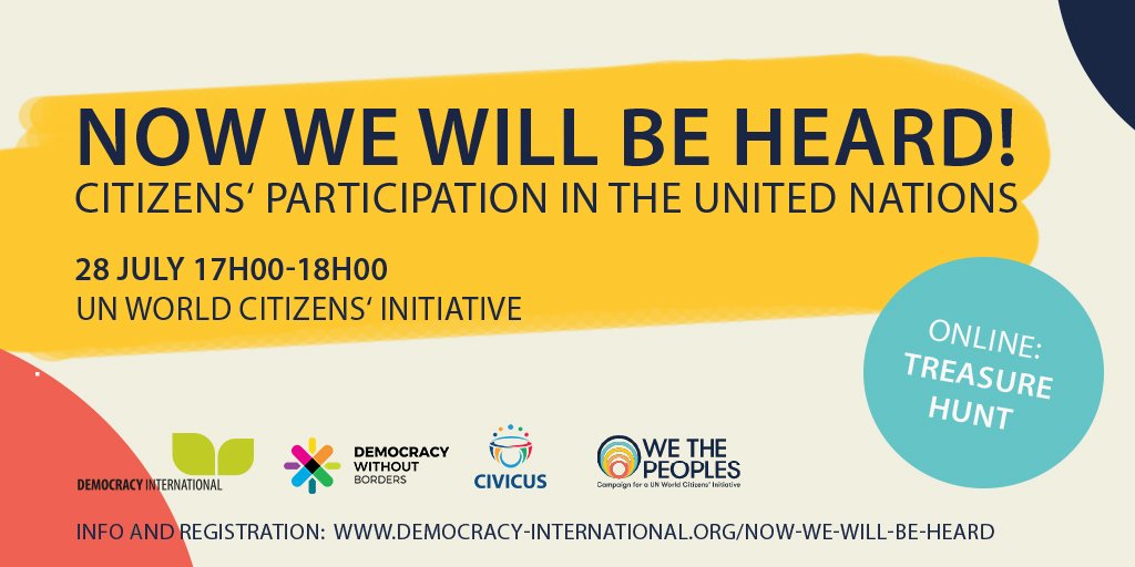 Democracy International (@democracy_intl) on Twitter photo 🧐You have always wondered why the UN seem to do nothing during global crisis we experience⁉️Why are the only nation states relevant actors in the <a href="/UN/">United Nations</a>?
Join us in 1. our treasure hunt Workshop-Series on global citizen's participation!
📅27 July ⏰17h00👉bit.ly/3y0Fmog 🧐You have always wondered why the UN seem to do nothing during global crisis we experience⁉️Why are the only nation states relevant actors in the <a href="/UN/">United Nations</a>?
Join us in 1. our treasure hunt Workshop-Series on global citizen's participation!
📅27 July ⏰17h00👉bit.ly/3y0Fmog