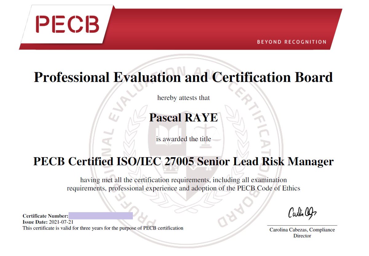 PascalRaye's tweet image. Je tiens à remercier toute l’équipe CNPP Cybersecurity pour cette formation et l’obtention de la certification RISK MANAGER ISO/CEI 27005.
#CNPPCybersecurity #GroupeCNPP #GuillaumeSavornin #GuillauneVitse #Cybersecurity #InformatiqueCDC #ICDC #CDC #CPF #Security #AGREPI #Risques