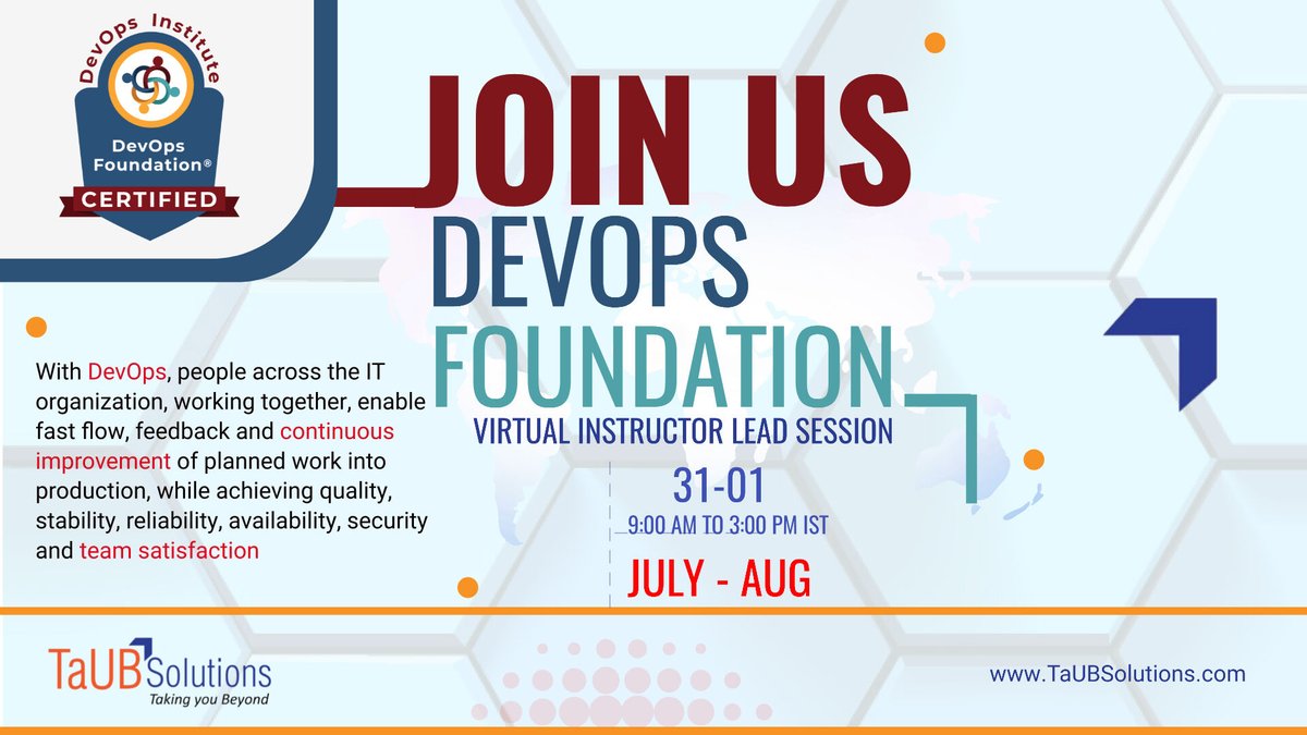 taubsoln's tweet image. Join us for the virtual led session on,
𝟯𝟭𝘀𝘁 𝗝𝘂𝗹𝘆 𝗮𝗻𝗱 𝟭𝘀𝘁 𝗔𝘂𝗴𝘂𝘀𝘁, 𝟵 𝗔𝗠 - 𝟯 𝗣𝗠.
To register click the link below
lnkd.in/gcTcnuR
#TaUBSolutions #DevOpsInstitute #DevOpsFoundationCertification #DevOps #HumansofDevOps
@DEVOPSINST @sureshgp
