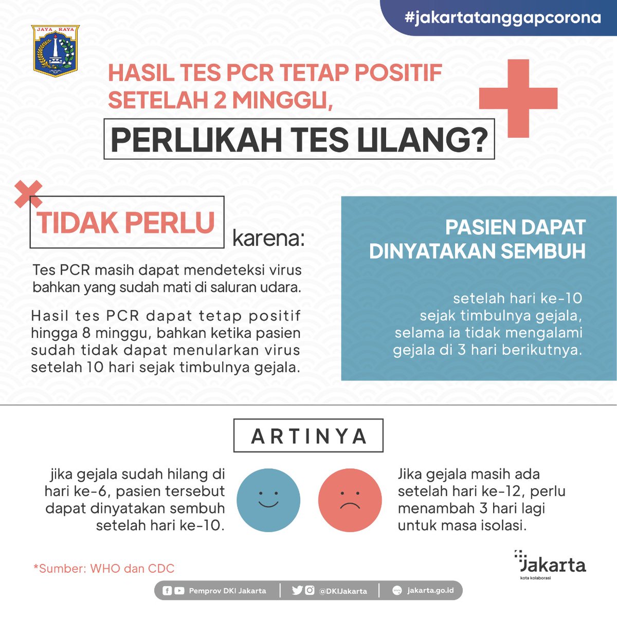 Kalau sudah dinyatakan sembuh dan selesai isolasi mandiri, tidak perlu melakukan tes swab PCR berkala bila tidak ada indikasi terinfeksi lagi (reinfeksi).

instagram.com/p/CRl2Dkngt4_/
#covid19 #jagajakarta #jagajakarta #pandemibelumusai #kotakolaborasi #jakartabangkit #vaksindulu