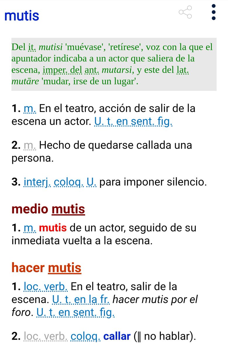 escribacr's tweet photo. La palabra del día de la @RAEinforma. Ejemplos: 1. El protagonista hizo mutis por la derecha; 2. El jefe les llamó la atención y todos hicieron mutis; 3. José le dijo a sus hijos ¡mutis!, pues estaba con una videollamada.
#LaPalabraDelDía #mutis #italiano #mutisi #muévase https://t.co/9IolZehaoA
