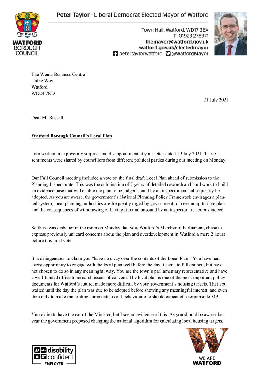 WatfordMayor's tweet photo. Today I have written to the MP for Watford, Dean Russell, calling him out for the deliberate sabotage and politicking he displayed earlier this week over Watford's Local Plan.

You can read the full story here:
https://t.co/SStKjEtFay https://t.co/en8ewrusW1