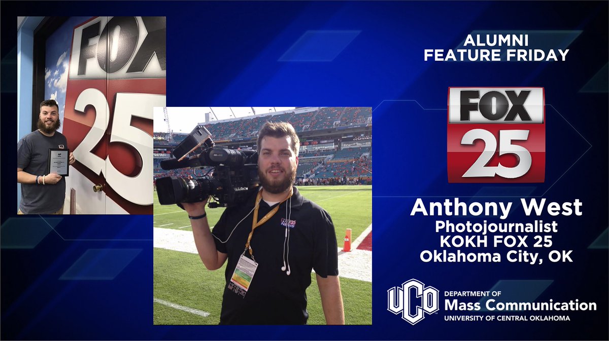 UCO_MCOM's tweet image. Fridays were always our fave, but they're even better with #AlumniFeatureFriday! We're back with @antdwest, one of our great Professional Media grads. Anthony works at @OKCFOX as a photojournalist. 

Are you a #UCOMCOM grad and want to be featured? Send us a DM!