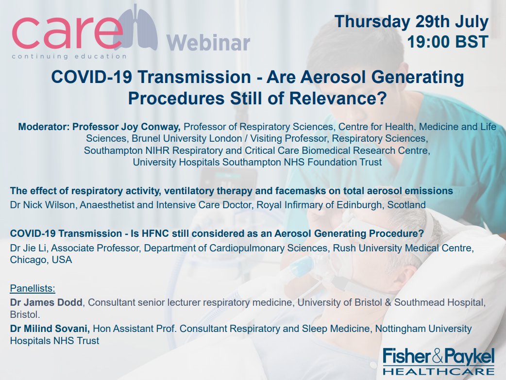 Are Aerosol Generating Procedures (AGPs) still of relevance?

Join us for our #CAREwebinar, July 29th 7-9pm (BST), where experts will examine the latest data on AGPs and discuss the impact of COVID-19 on non-invasive respiratory therapies

Register via: attendee.gotowebinar.com/register/51478…