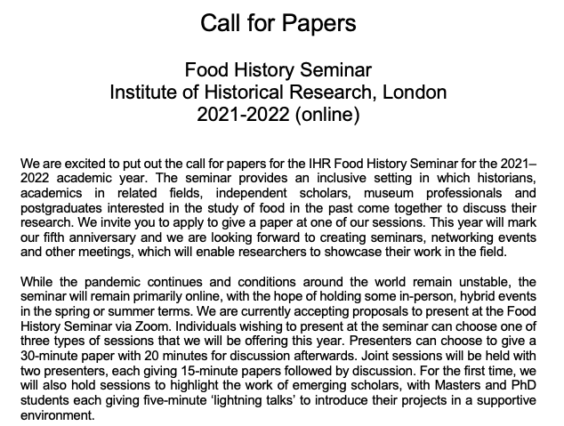 Research the history of food and drink? Want to share your work with a supportive, knowledgeable and diverse audience? The call for papers at the seminar in 2021/22 is now live! We'll be Zooming once again. See link for full details. Deadline mid Aug drive.google.com/file/d/1a-lSkE…