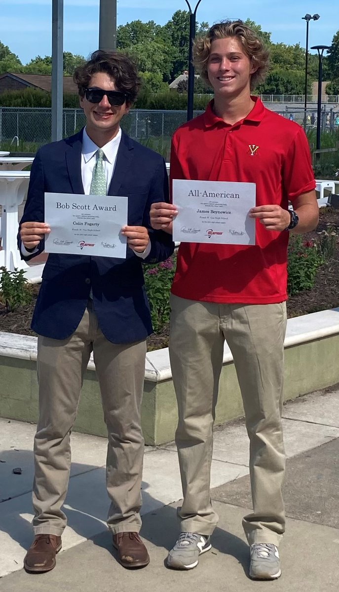 FrankWCoxHS's tweet photo. Two Lacrosse players received recognition for the Tidewater area.  Colin Fogarty (L) won the US Lacrosse Bob Scott Award, given for character and service.  James Boynewicz (R), a team captain for the 2021 season, was named All-American. Great job, gentlemen! 🥍#FalconAwesome https://t.co/KI7ucPGKbO
