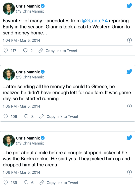 ColeyMick's tweet photo. 2013. Giannis damn near caught pneumonia sending too much money home to his family. Easiest superstar to root for in my lifetime. https://t.co/4PXlFolpZh