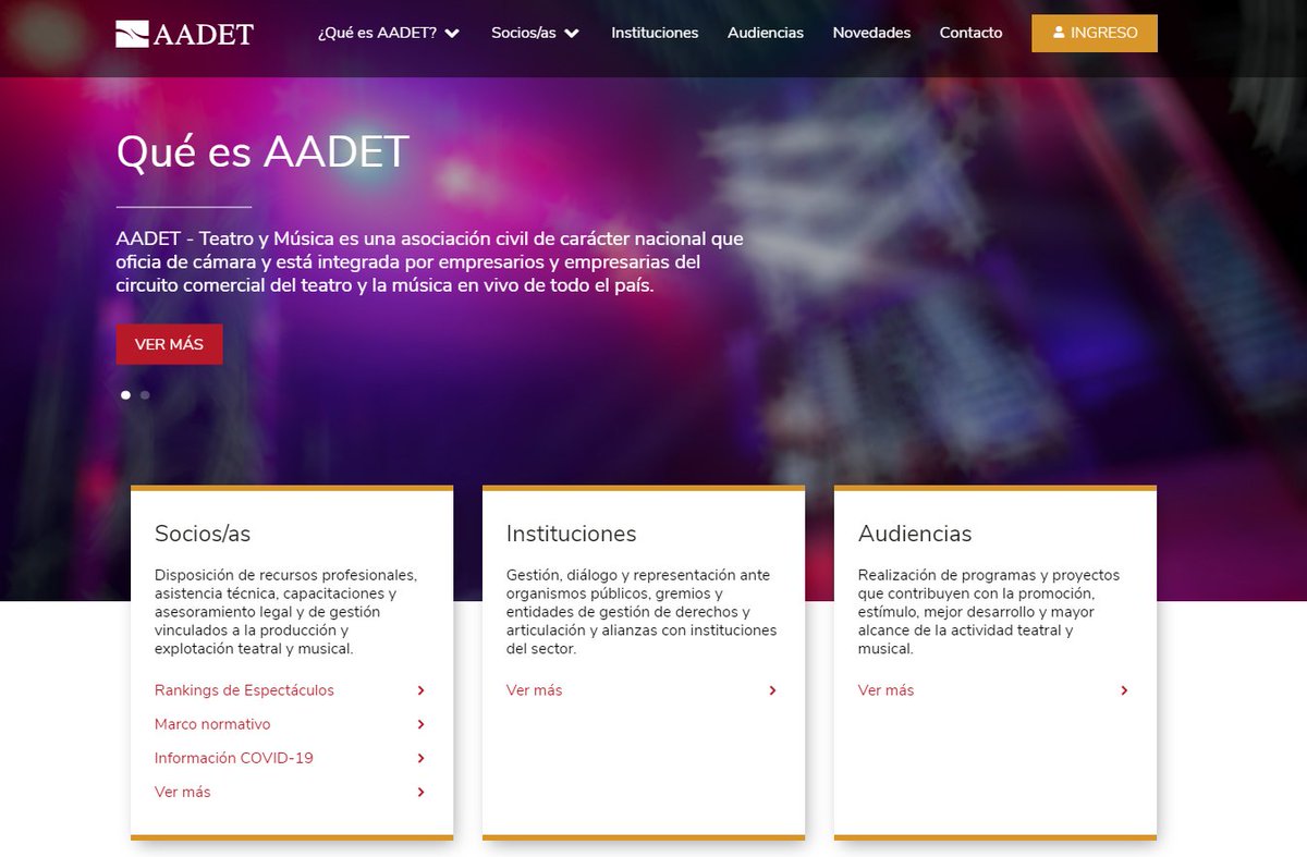 📣 Lanzamos la nueva web de AADET, un servicio para nuestros/as socios/as y la comunidad teatral y musical 🎭🎵
En ella encontrarán los ejes de gestión de la cámara, las diversas líneas de acción e información sectorial.
📌 Los/as invitamos a visitarla aadet.org.ar