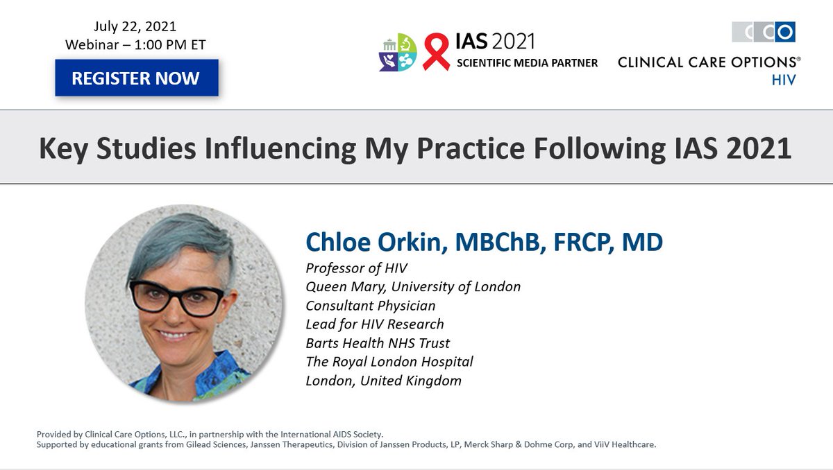 Join Prof @profchloeorkin on July 22nd as she will provide a rapid update from #IAS2021 and answer your questions in a live, interactive, CME/CE-certified webinar. 𝗥𝗘𝗚𝗜𝗦𝗧𝗘𝗥 𝗡𝗢𝗪➡️bit.ly/36VjZZP #IDTwitter #MedTwitter #HIV #PrEP @IAS_conference @iasociety