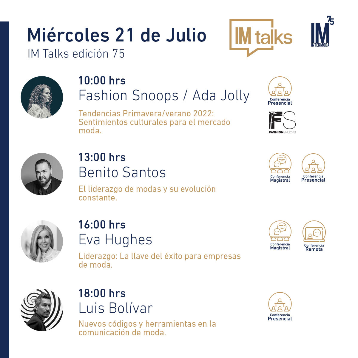 Intermoda's tweet image. Descubre todo lo que #Intermoda75 tiene para ti en su segundo día. A continuación, te compartimos el programa del día de hoy. 
Disfruta de todas las #IMTalks a través de Zoom.

No te pierdas de #FashionSpace, disponible en nuestro Facebook Live.