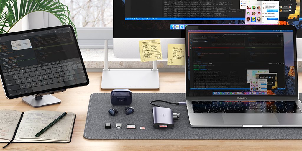 UGREENOfficial's tweet photo. "What does your ideal workstation look like? Offer your desk a fresh new look with UGREEN!
🎧 HiTune X5
💻9-in-1 USB C Hub

#UGREEN #MoreforYou #HiTune https://t.co/EnZypSleMe