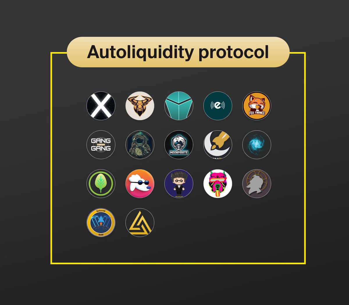 22/ <a href="/SnapshotLabs/">Snapshot.eth</a> 
<a href="/Super_Launcher/">SuperLauncher</a> 
<a href="/DXdao_/">DXdao</a> 
@YellowRoad__ 

H. Auto Liquidity 
<a href="/100XCoin_/">Erin Yum</a> 
<a href="/echo_DeFi/">Echo_Defi</a> 
<a href="/foxfinancebsc/">FOX FINANCE</a> 
@MoonKeeperBSC 
<a href="/MoonpirateBSC/">MOON PIRATE</a> 
<a href="/MoonshotTeam/">Moonshot Team</a> 
@OCTANS_OCTA
<a href="/PlantCoin/">PlantCoin</a> 
<a href="/POODLETOKEN/">Poodl</a> 
<a href="/PitbullSafe/">SafePitbull</a> 
<a href="/TheSaintToken/">SaintToken #BSC #ForTheChildren</a> 
<a href="/SaturnVbsc/">SATURNVGold</a> 
<a href="/TrinityProtocol/">TrinityProtocol (No, not giving away ETH)</a>