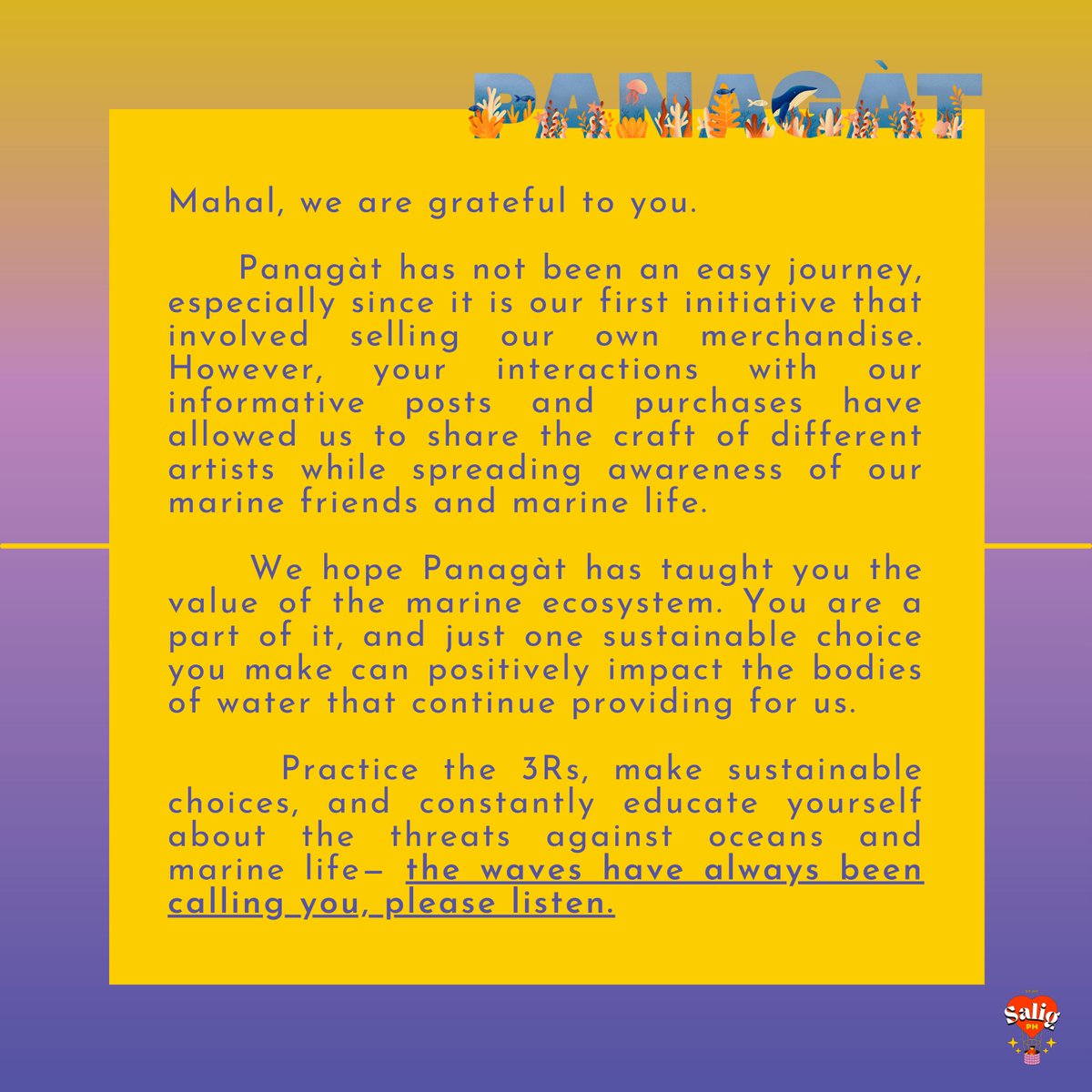 SaligPh's tweet photo. Thank you so much to everyone who ✨sea-sed✨ this opportunity together with us here at Salig PH! 🐳

#SaligPH #Panagàt #SwimWithSalig #Blob🤍🌻 (2/2) https://t.co/BuBLo1oD1q