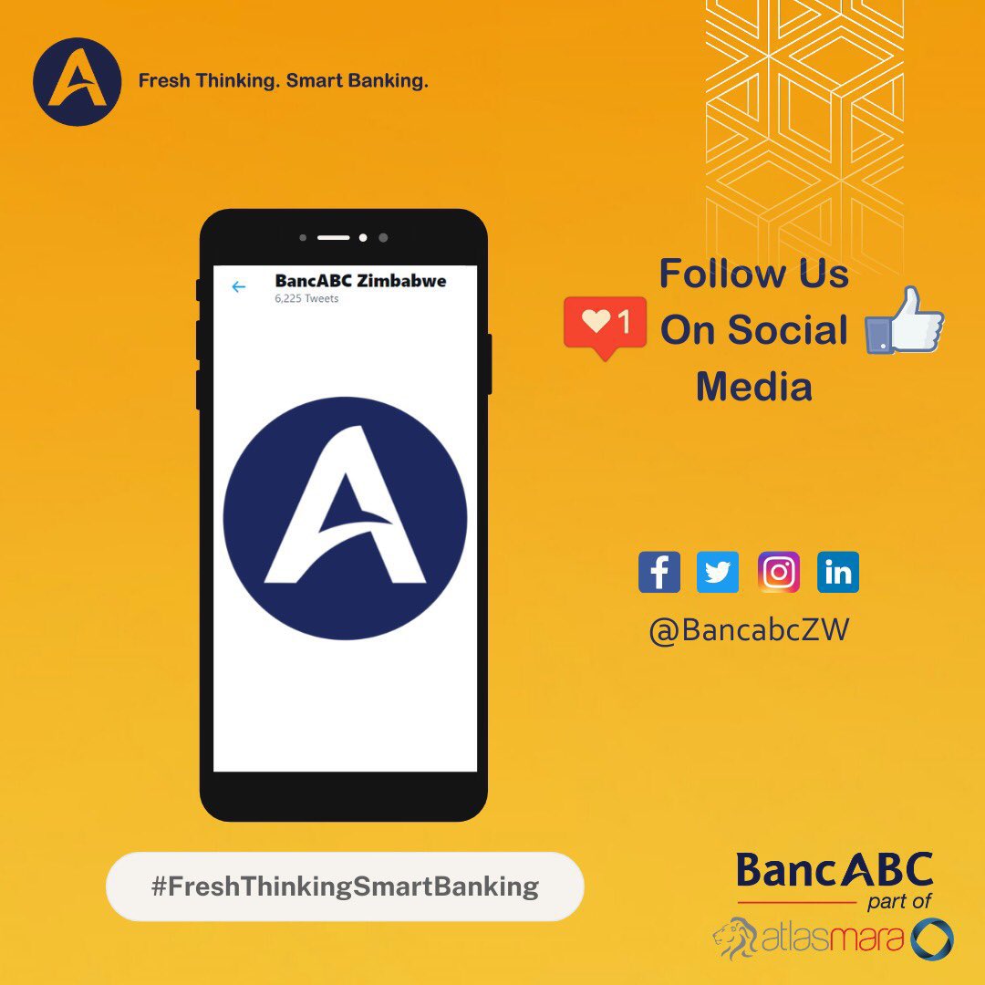 BancabcZW's tweet photo. Let’s get social! 😄

Follow @BancabcZW on Facebook, Instagram, Twitter and LinkedIn to get the latest updates and promos from the #ATeam 😎 

#FreshThinkingSmartBanking 🏦 https://t.co/obSnSVGDof