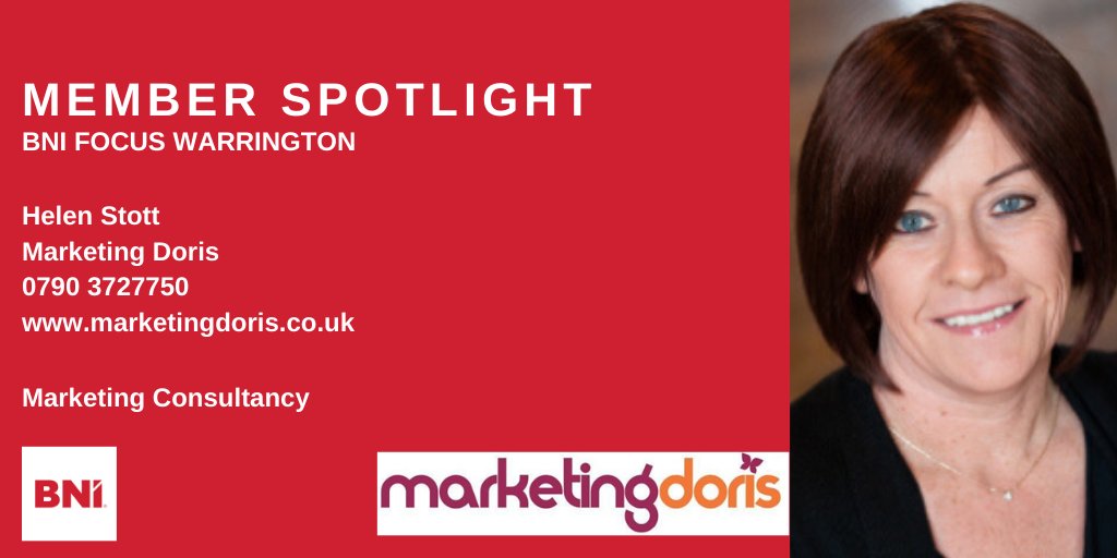 BNIFocus's tweet photo. Today we shine the BNI Focus Spotlight on Helen Stott @marketingdoris - on demand marketing management and part-time director - find out more by arranging a 1-2-1 with her #bni #warrington #marketing https://t.co/aZlRY2W8Pv https://t.co/AwNf4VJyIP