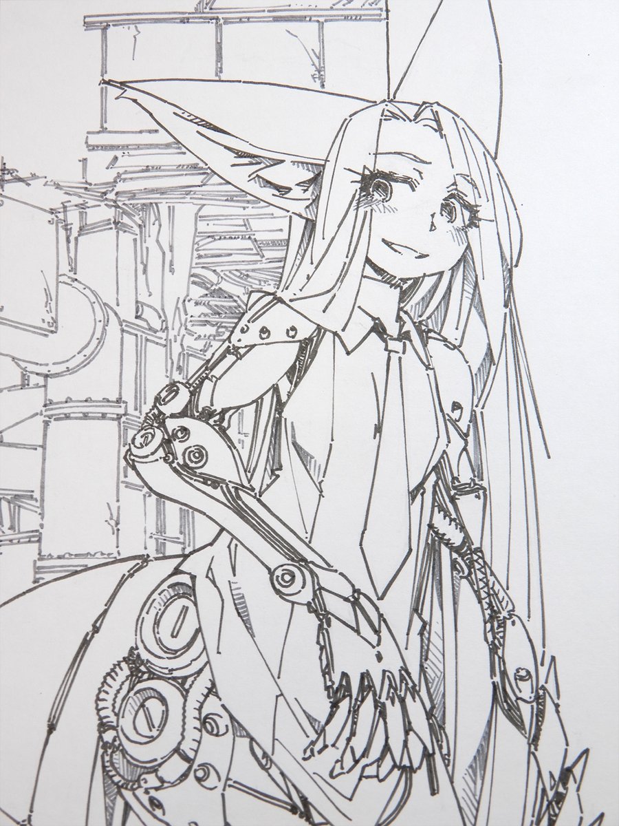 【作業中】やや異形のサイボーグ。こっちも背景を足しました。
#線画 #色紙 #狐娘 