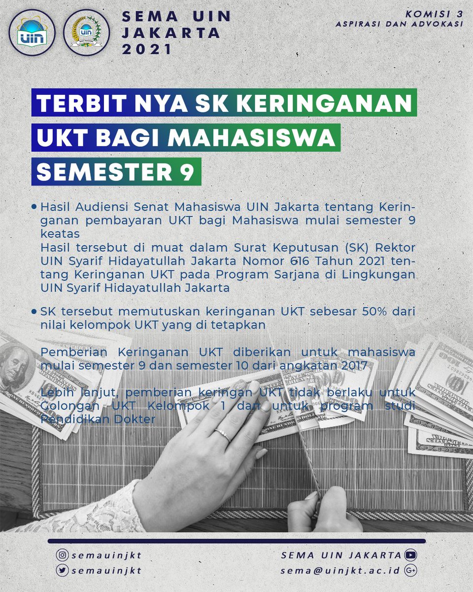 semauinjkt's tweet photo. “UKT DI POTONG 50%”

TERBIT NYA SK KERINGANAN UKT BAGI MAHASISWA SEMESTER 9
#uktptkin #keringanukt #covid19 https://t.co/H4vOkGpuzU