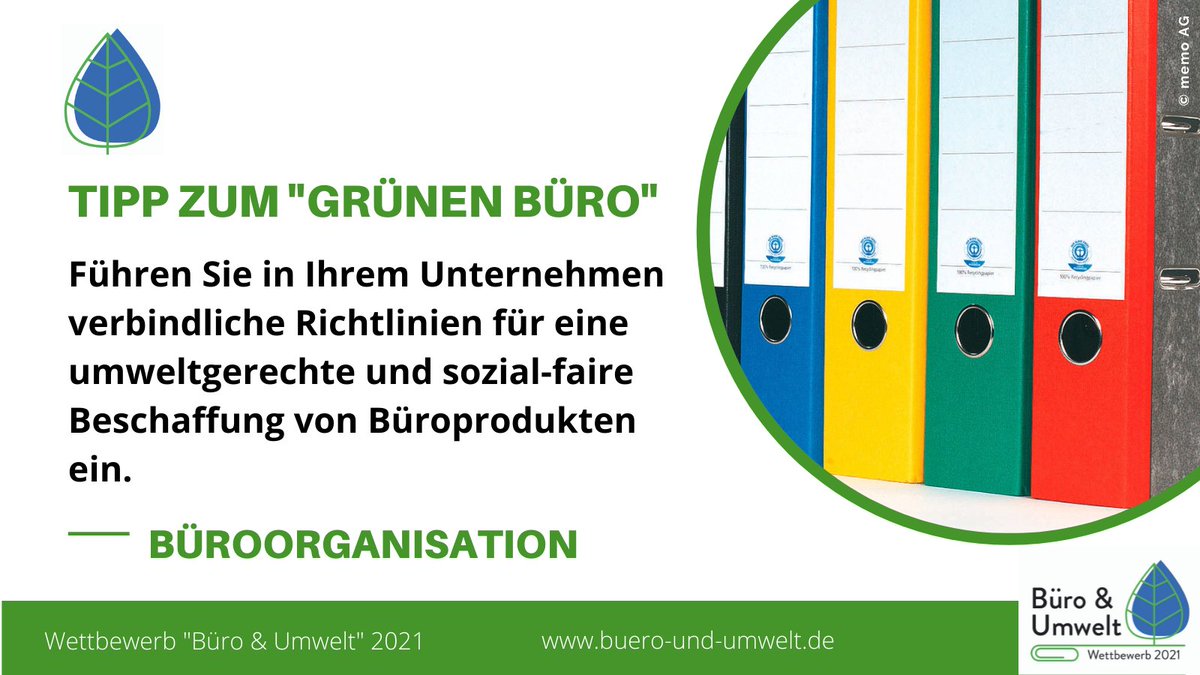 Der Wettbewerb buero-und-umwelt.de zeigt, dass #ressourcenschonendes Verhalten im #Büro &amp; die Beachtung von #Nachhaltigkeit bei der Büroartikelbeschaffung große Bedeutung haben. Zu den Anbietern nachhaltiger #Büroprodukte gehört auch unser Wettbewerbs-Partner <a href="/memoAG_news/">memo AG</a>