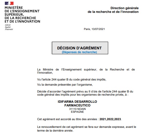 Idifarma's tweet photo. #Idifarma has renewed the approval as an outsourcing partner for R&amp;D activities for French companies under the conditions of the Crédit d’Impôt Recherche (CIR). 

Read more here: https://t.co/Tl9WRFUvfV https://t.co/FfB1xVacPr