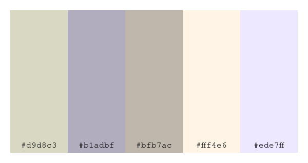 ColPaletteBot's tweet photo. Beep beep, here's a pretty color palette for you!
color-scheme.js parameters used:
- hue: 266
- variation: pale
- colors: #d9d8c3, #b1adbf, #bfb7ac, #fff4e6, #ede7ff
Have a lovely day!
#twitterbot #colorpalette #colors #palette #prettycolors https://t.co/WWQKEZCiaf
