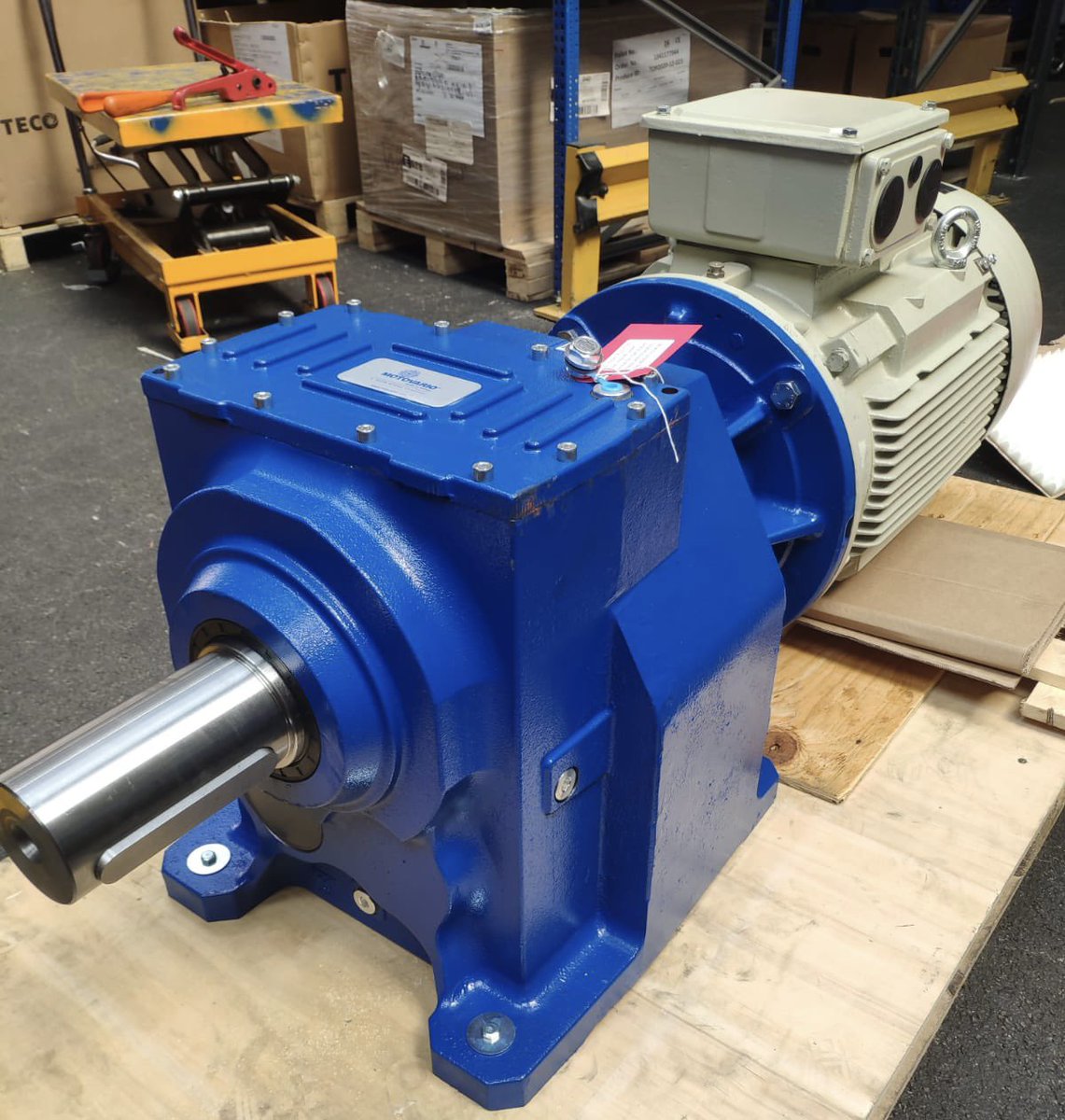 90mm shaft Motovario H series inline gearbox coupled with a 30kW TECO motor ready to be delivered to its new home at an agricultural feeds producer