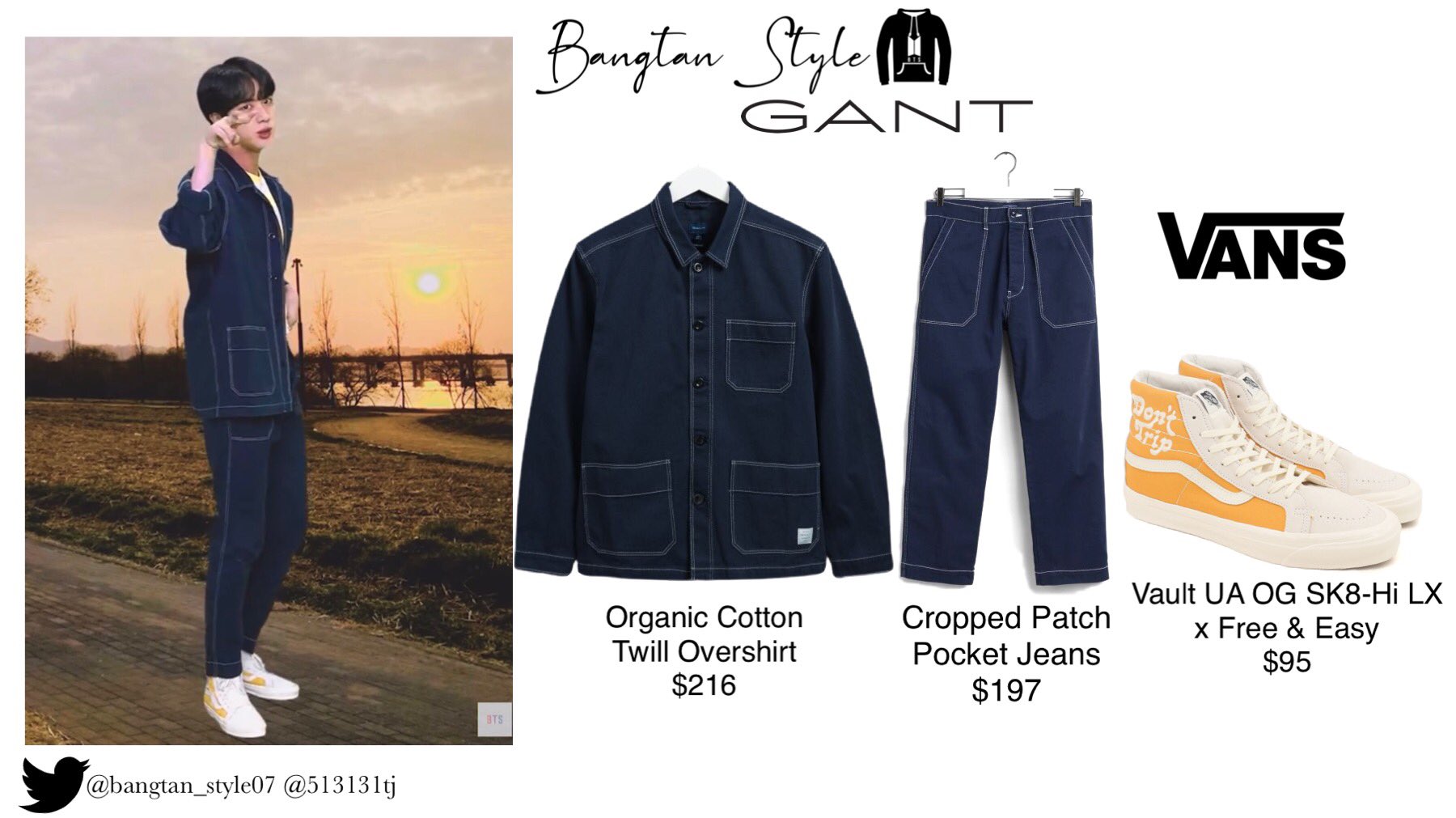 Bangtan Style⁷ (slow) on X: BANGTANTV BTS 'Permission To Dance' Anywhere  Seokjin wears GANT Organic Cotton Twill Overshirt ($216) & Cropped Patch  Pocket Jeans ($197) and VANS Vault UA OG SK8-Hi LX