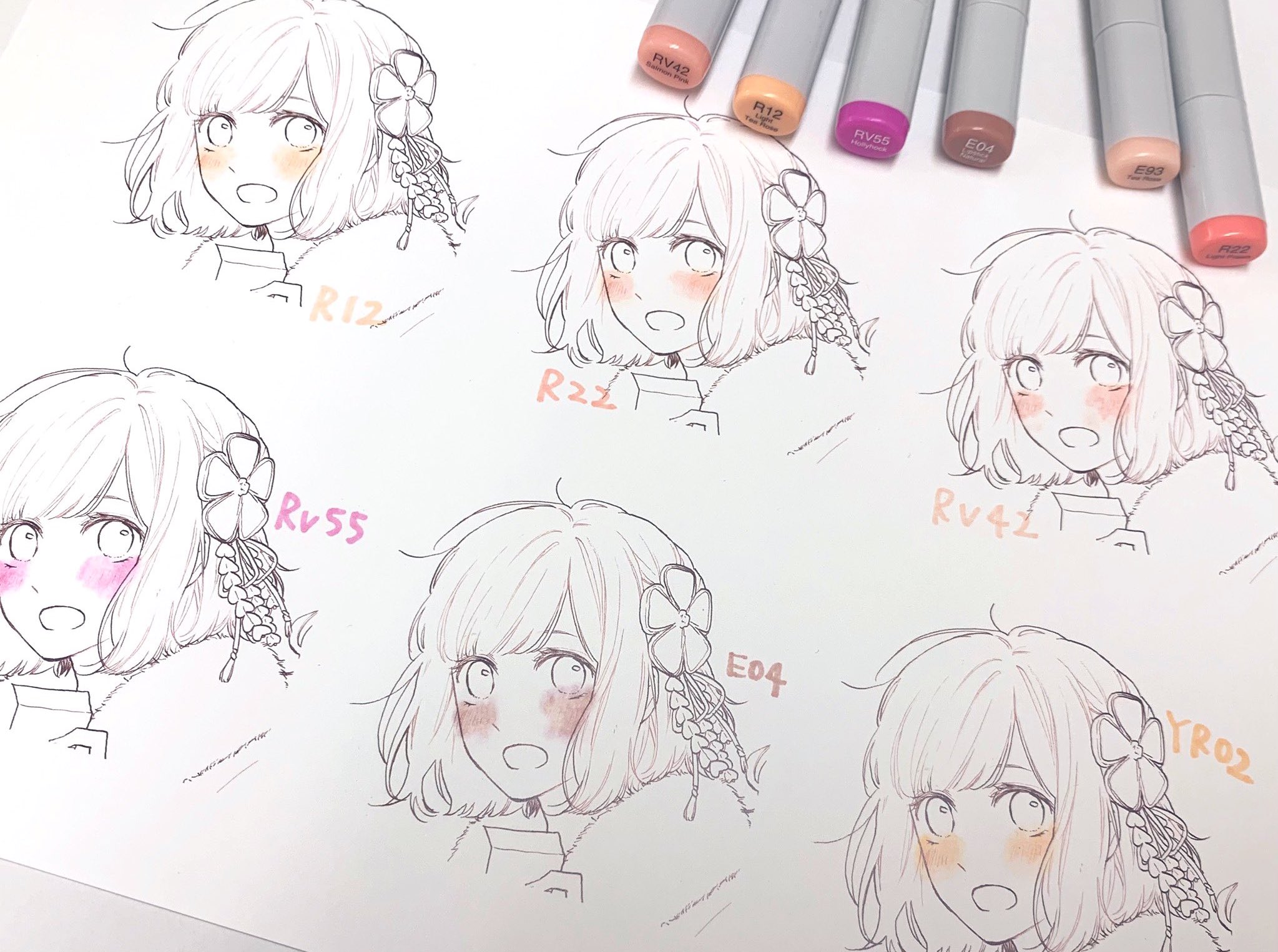 コピック公式 Copic Official Rt Copic Official 黄色みの強いオレンジのチークや小豆色のチークが可愛い と思い コピックで置き換えられそうな色を選んでみました それぞれの色の右側は0番 カラーレスブレンダー でぼかしたものです Rv02やr02など