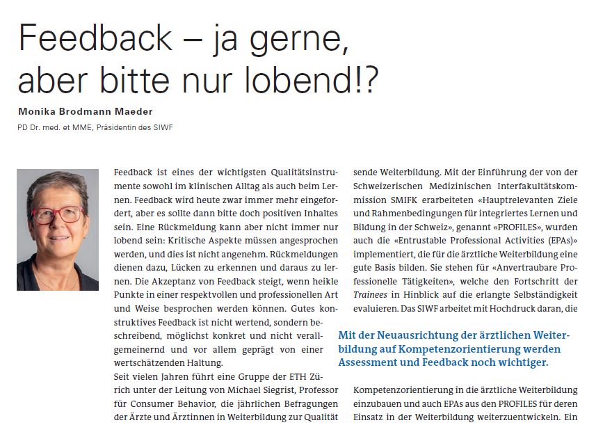 doctorfmh's tweet photo. Monika Brodmann Maeder, Präsidentin des SIWF, zeigt im aktuellen SÄZ-Editorial auf, welchen hohen Stellenwert eine konstruktive Feedback-Kultur in einer kompetenzorientierten ärztlichen Weiterbildung einnimmt.

https://t.co/nspIsdjmap https://t.co/uW6b678SX9