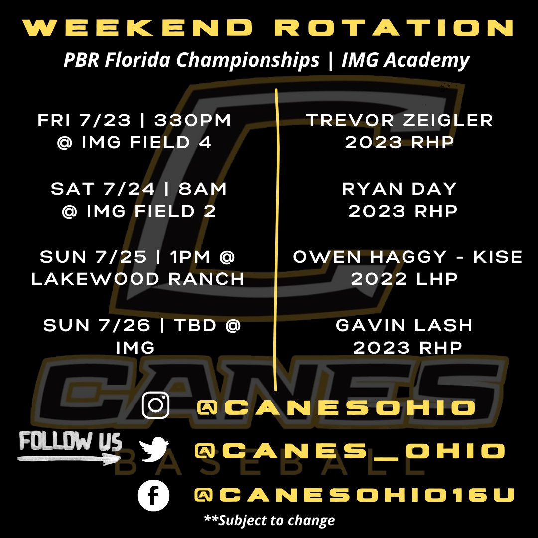 Canes Baseball Ohio (@ghostsquad_ohio) on Twitter photo This wknds starters <a href="/IMGAcademy/">IMG Academy</a> for the @PBRFlorida Championships | <a href="/PrepBaseballOH/">Prep Baseball Ohio</a> @PBRIndiana
So excited to get back to work for the future of our team!
But we’re definitely sad that the 2021 summer is coming to an end this wknd at IMG -
#CaneGang 🧬 #CanesAreComin 🤫 This wknds starters <a href="/IMGAcademy/">IMG Academy</a> for the @PBRFlorida Championships | <a href="/PrepBaseballOH/">Prep Baseball Ohio</a> @PBRIndiana
So excited to get back to work for the future of our team!
But we’re definitely sad that the 2021 summer is coming to an end this wknd at IMG -
#CaneGang 🧬 #CanesAreComin 🤫