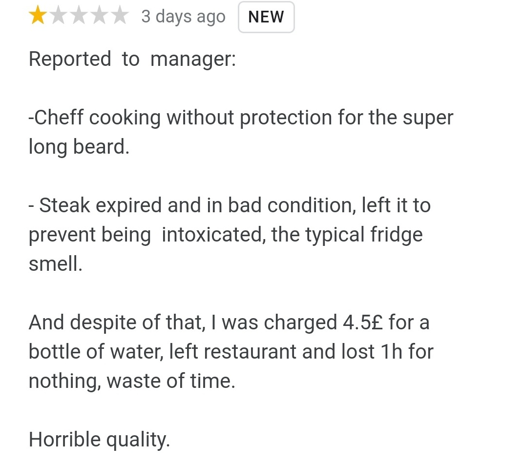 DandalfG's tweet photo. Found this review ft yours truly. My beard nets are black i can see the confusion. Also loving the super long comment. A member of staff ate your "bad steak" and loves every bite 😂 https://t.co/0rAfbE99Lq
