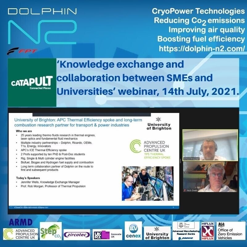 dolphin_n2's tweet image. Simon Brewster - CEO Dolphin, N2 &amp;amp; Nick Owen - Technical Director, Dolphin N2 joined Professor Robert Morgan of the University of Brighton 14.07.2021 at the Connected Places Catapult webinar &apos;Knowledge exchange and collaboration between SMEs and Universities&apos; #splitcycleengine