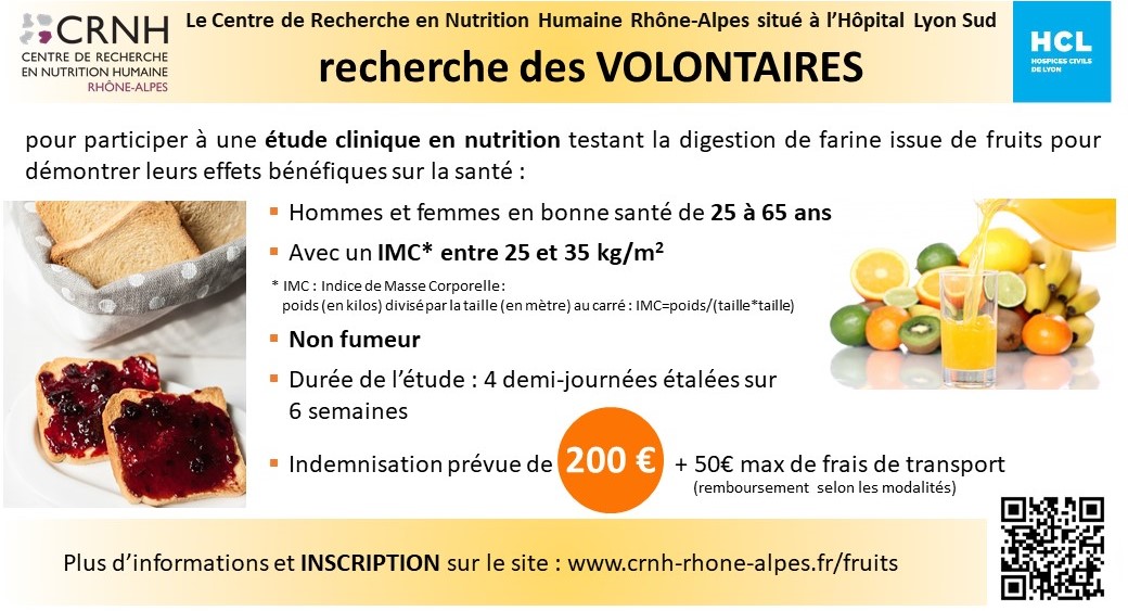 Le Centre de Recherche en Nutrition Humaine Rhône-Alpes recherche des VOLONTAIRES pour sa nouvelle étude "Fruits" : crnh-rhone-alpes.fr/fr/fruits