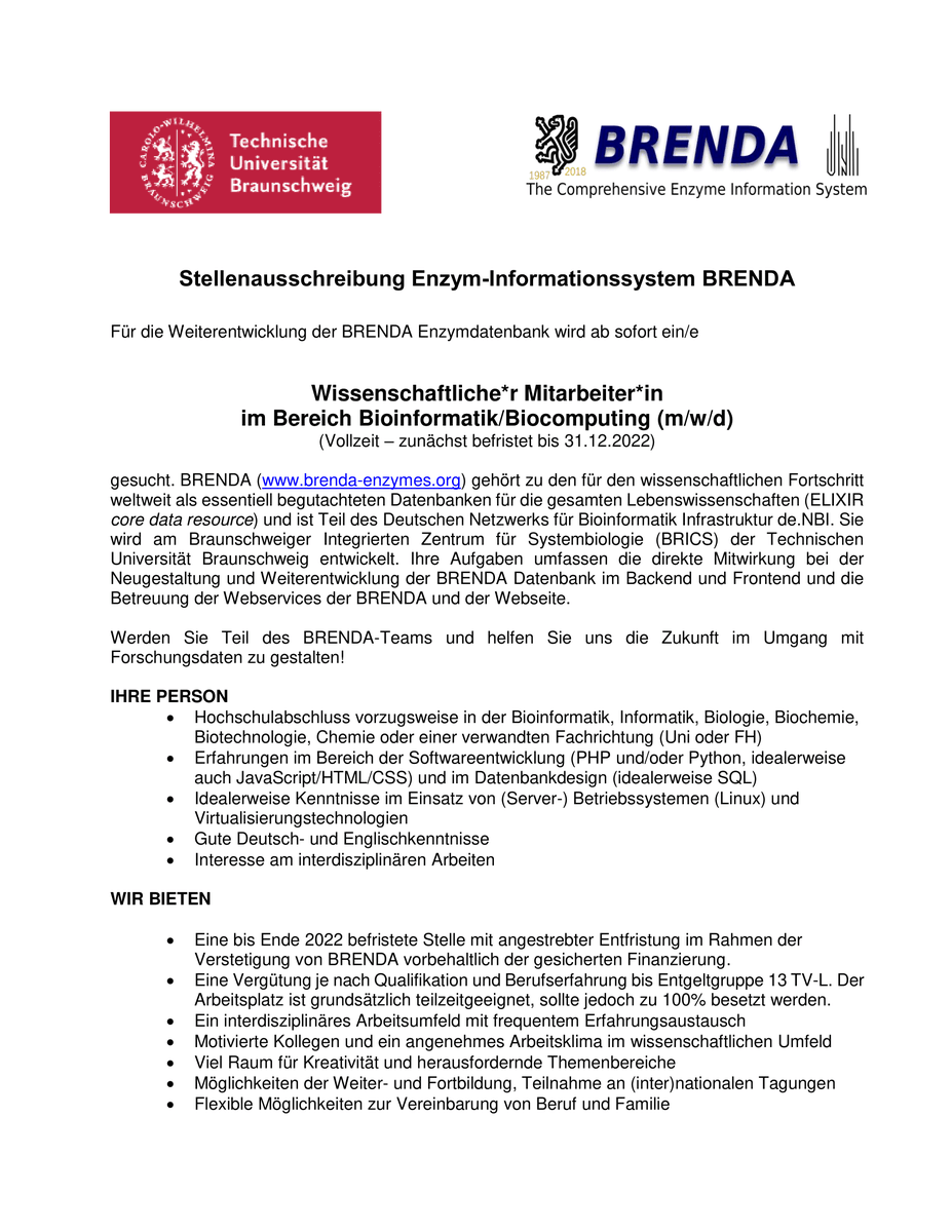denbiOffice's tweet image. Our #database @BRENDA_Enzymes is looking for a new researcher in fields #Bioinformatics and #Biocomputing #Jobs. For more information see: denbi.de/jobs/1277-wiss…