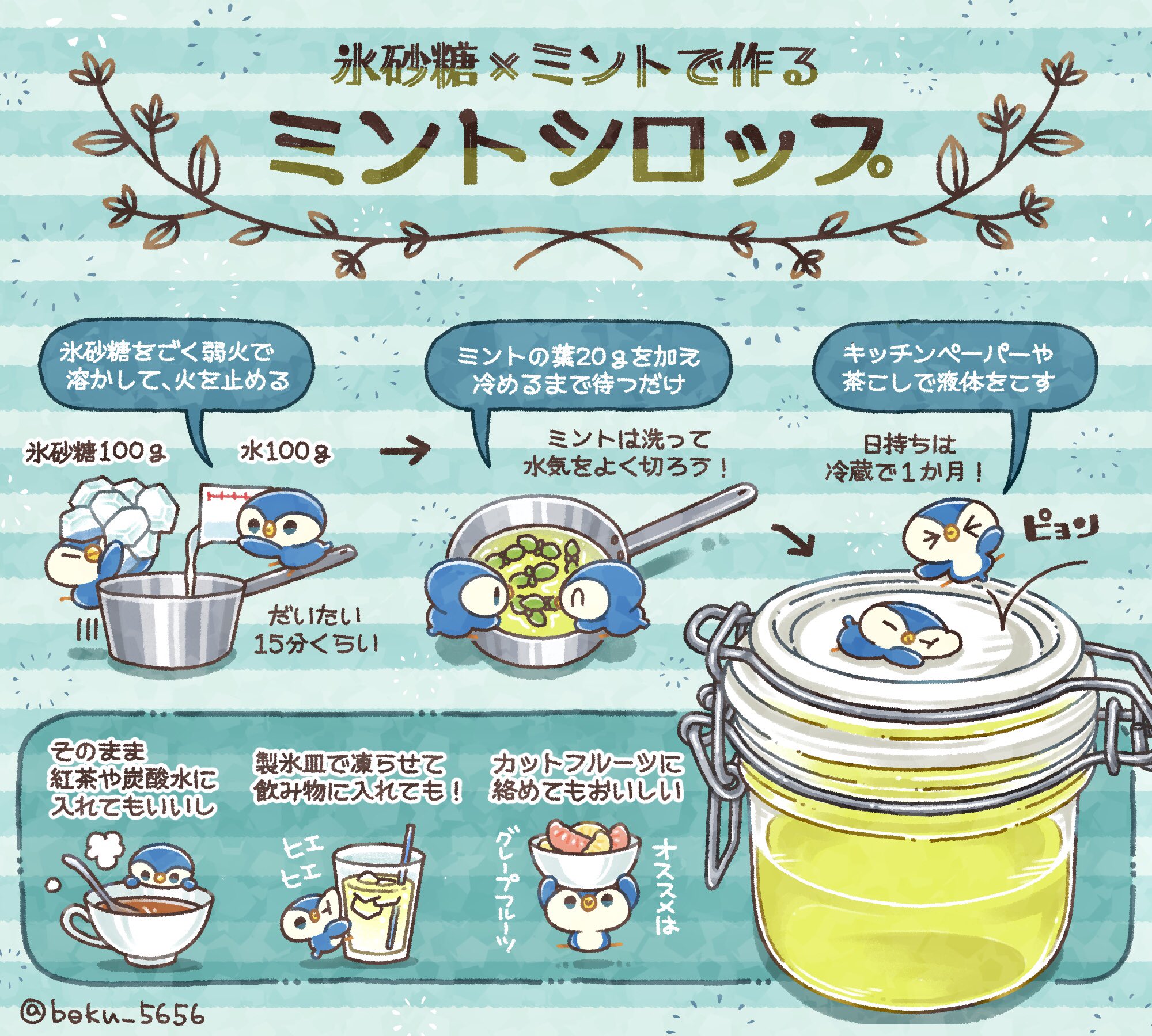ぼく いらすと料理家 氷砂糖をゆっくり溶かしてミントの香りを移してあげれば この時期にぴったりな爽やかシロップに やさしい ミントシロップ サイダーにひと垂らしするだけで オシャレなノンアルモヒートになるのでおすすめです テレワークに