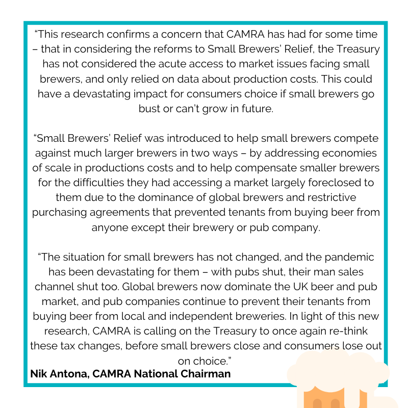 In response to research showing that Treasury tax changes could damage small brewers and restrict consumer choice, please find the below comment from CAMRA's National Chairman Nik Antona.

Read on our website: ow.ly/uQsZ50FAurC
