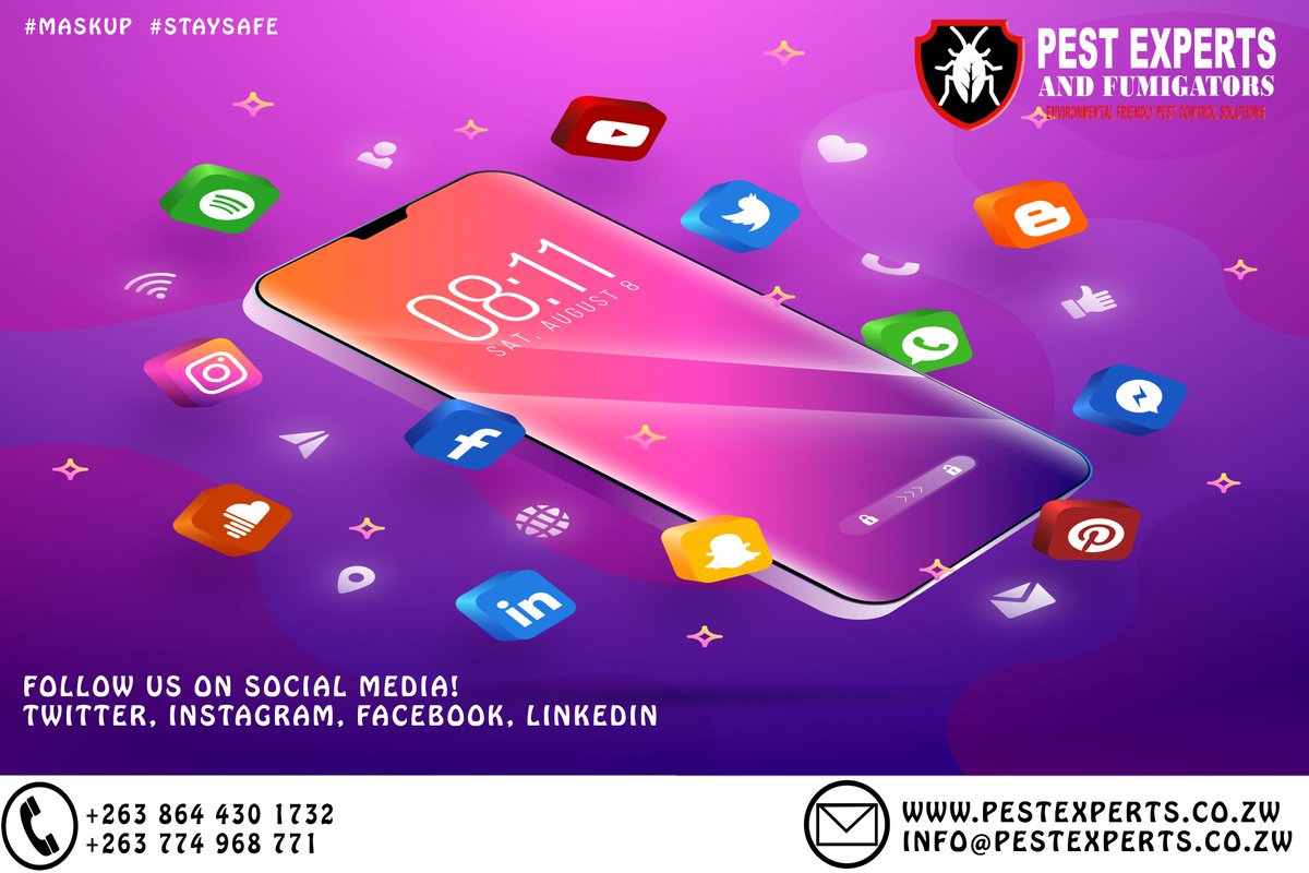 pestexperts_zw's tweet photo. Letβs get social! π€
Follow @pestexperts_zw
on Facebook, Instagram, Twitter and LinkedIn to get the latest updates and promos from the #PEFTEAM Smiling face with a Pest Free Environment. https://t.co/CYOdejZ1WW