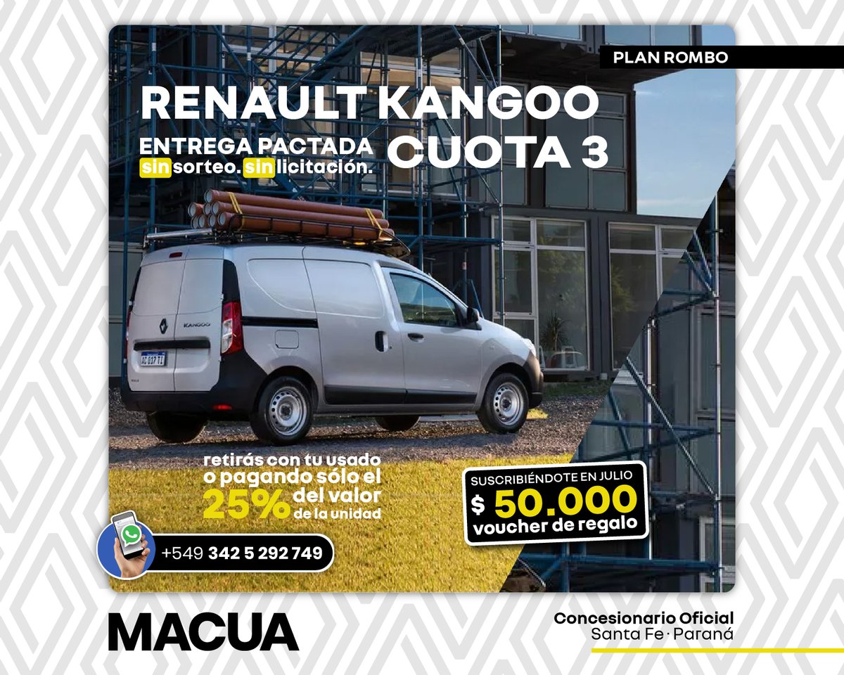 MacuaRenault's tweet photo. Con Plan Rombo de Macua, ahora podés acceder al Renault Kangoo de la manera más conveniente y llevarte un cheque por $ 50.000 para lo que vos quieras.
.
Mandanos un Whatsapp o solicitá más info en los comentarios. https://t.co/djjTuYPWIj