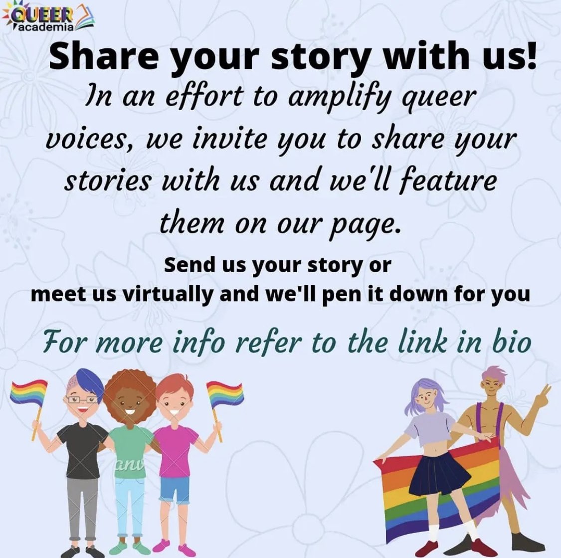 Queer_Academia's tweet photo. Make your voice heard. Share you story with us!

#lgbtq #queer #nonbinary #lgbt #lgbtqstories #gay #lesbian #bisexual #transgender #pansexual #asexual #genderfluid #genderqueer #indianlgbtqcommunity #lgbtqcommunity🏳️‍🌈 https://t.co/4CUMj1fWya