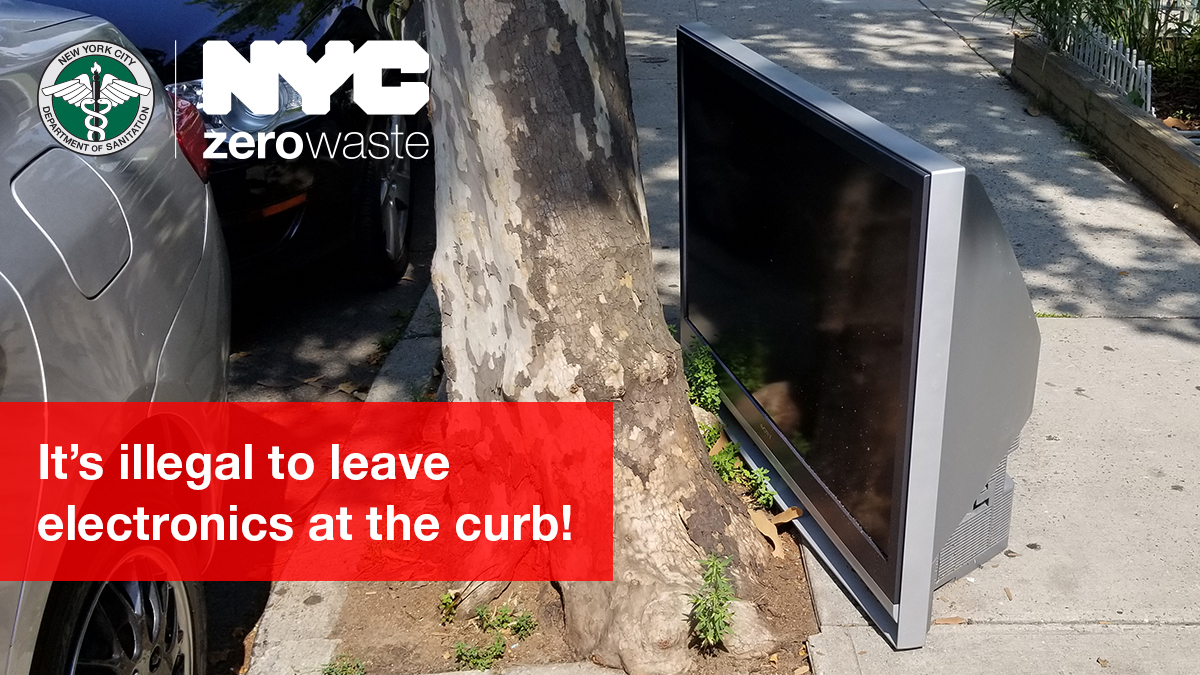 NYCSanitation's tweet photo. Need to get rid that old #tv? You’ve got options! You can:
• Bring them to a Special Waste Drop-Off Site: https://t.co/maVTIQGUIm
• Drop them off at a #ewaste site: https://t.co/uHKPJ3NX6K 
• Enroll in #ecycleNYC for apartment buildings: https://t.co/YU2SwtXlzg 
#freeinNYC https://t.co/58iT0jrbTl
