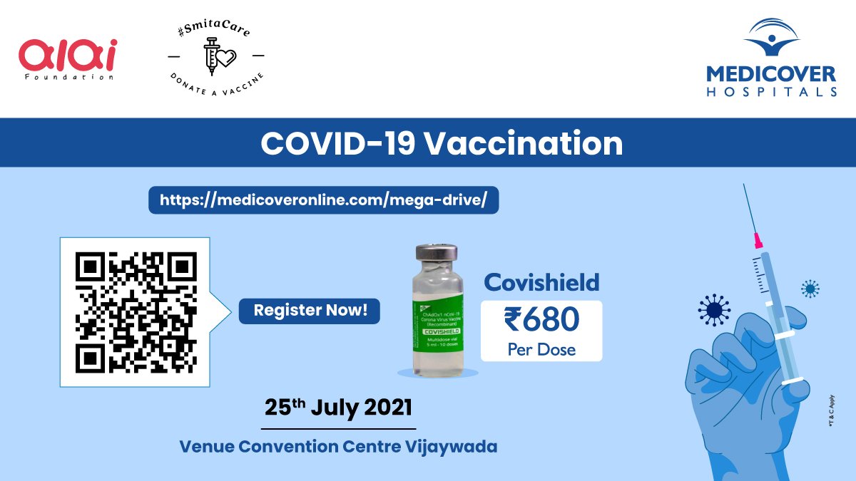 MedicoverIN's tweet photo. @smitapop, @smitacare, @AlaiFoundation and Medicover Hospitals have come together to conduct a vaccination drive on 25th July at the venue convention center, Vijayawada.

For registrations: https://t.co/wItLRtcdOz https://t.co/Fsqpnt4IhC