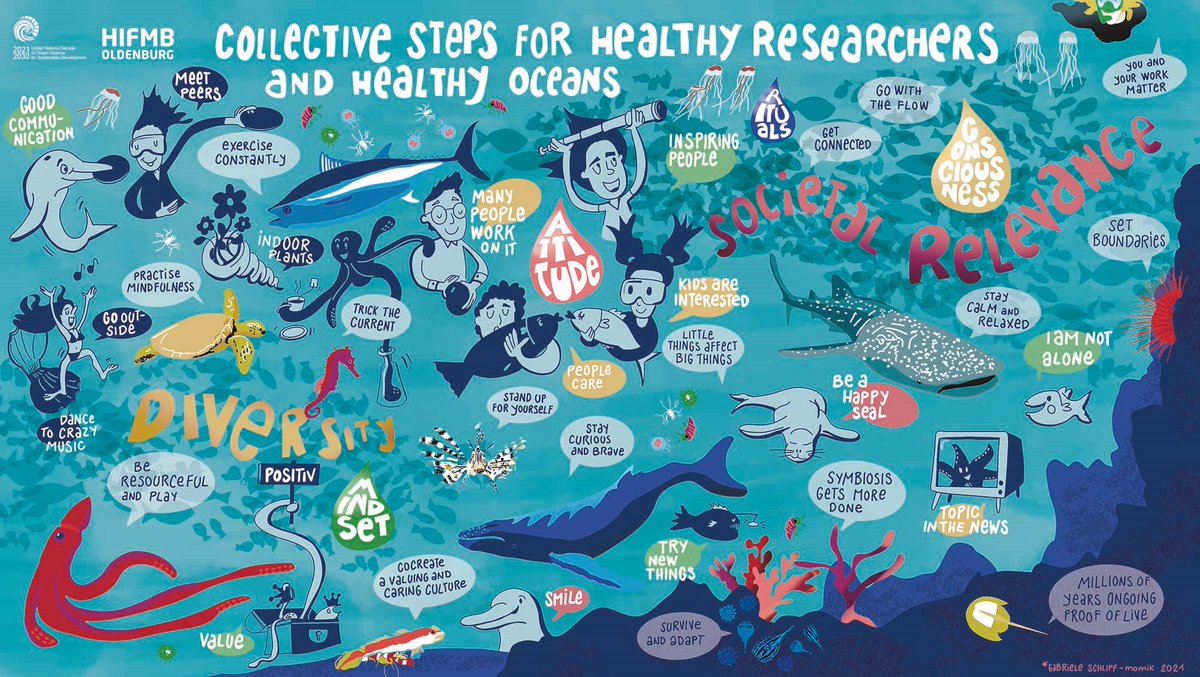 Being an #ECR is not easy. Research in global challenges may be even more pressureous. Graphically recorded results of the <a href="/V_ECOPs/">Virtual Early Career Ocean Professional Day</a> live discussion show "Collective steps for healthy researchers and healthy oceans" hifmb.de/event/vecop/ <a href="/UNOceanDecade/">UN Ocean Decade</a>  #MentalHealthAwareness