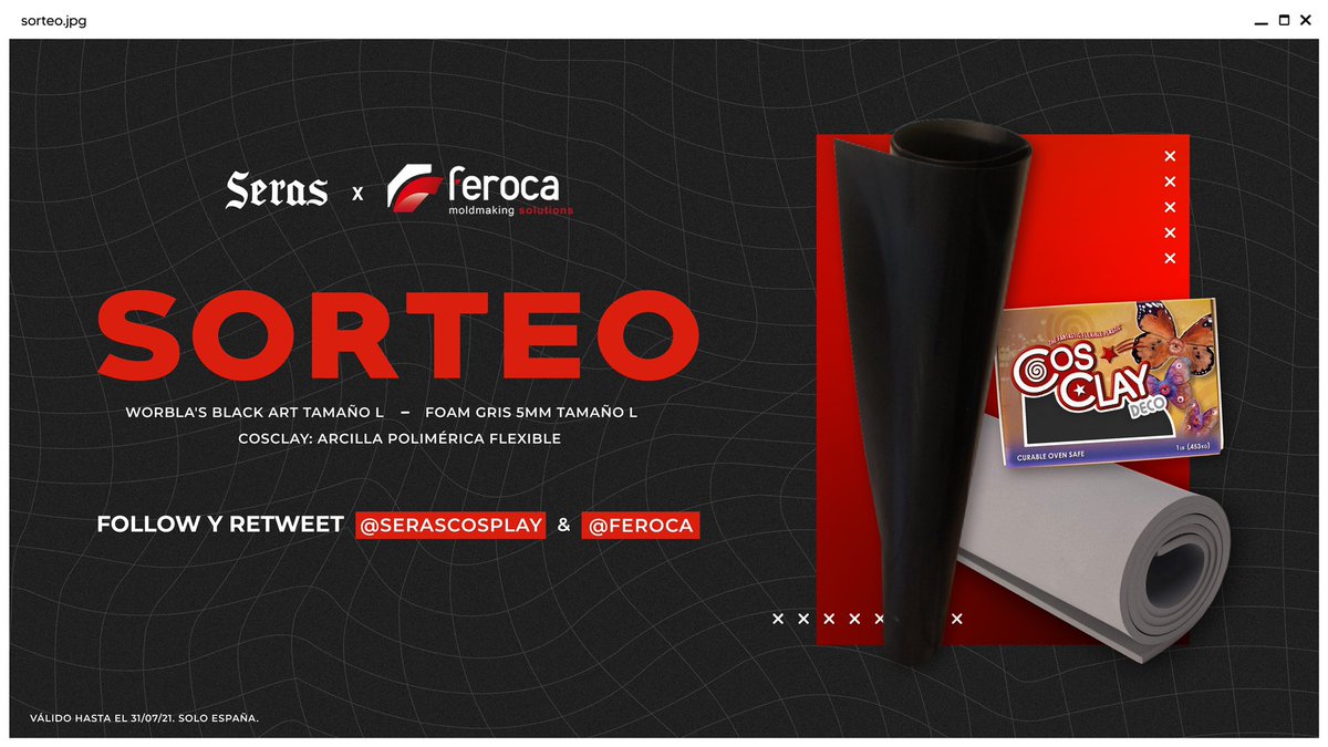 SerasCosplay's tweet photo. Esta vez traigo un sorteito para cosplayers y creadores de arte junto con #Feroca. Consiste en un pack de una lámina L de Worbla negro, foam gris de 5mm tamaño L y un paquetito de CosClay negro. 🔥
Para participar:
✨ RT a este tuit.
✨ Follow @SerasCosplay &amp; @Feroca

¡Suerte! ♥️ https://t.co/4vlHqjeSie