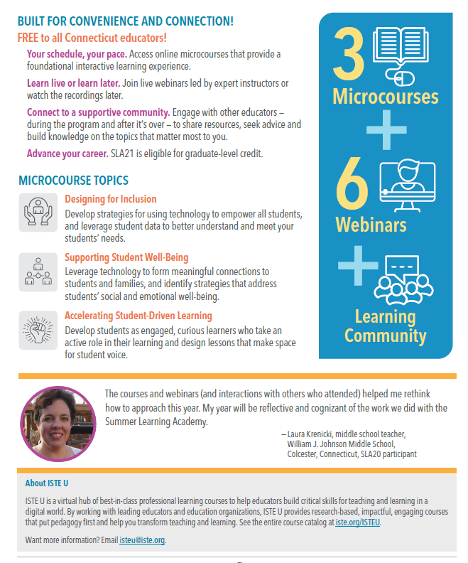 EducateCT's tweet photo. Hey CT Educators! We partnered with @CTEdTech &amp; @iste to bring you high-quality professional learning opps at no-cost. Register for 15 hours of PD on the topics you &amp; your students need right now as you prepare to return to in-person learning environments: https://t.co/lxplWWN5PE https://t.co/SxgvpBL1G1